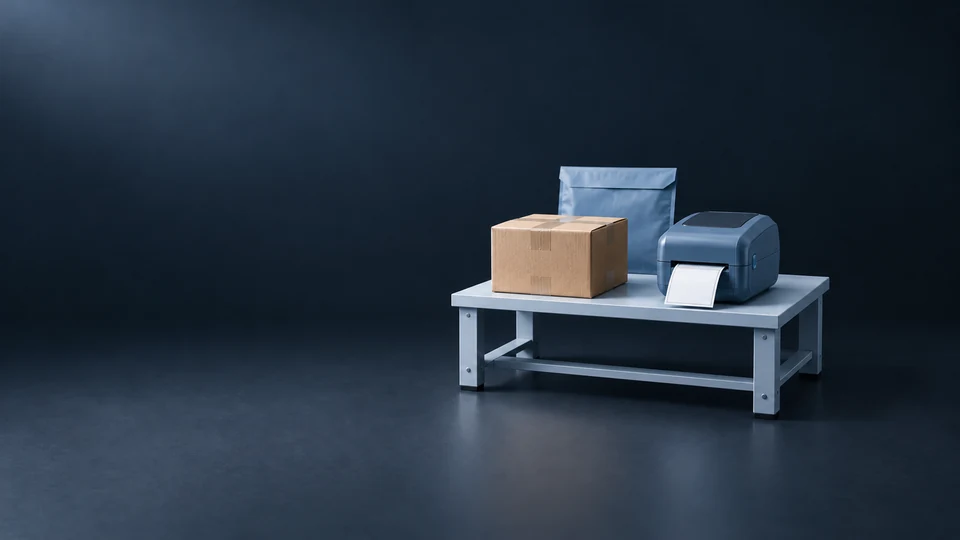 A compact packing bench with a closed carton, blank-label printer and blue mailer.