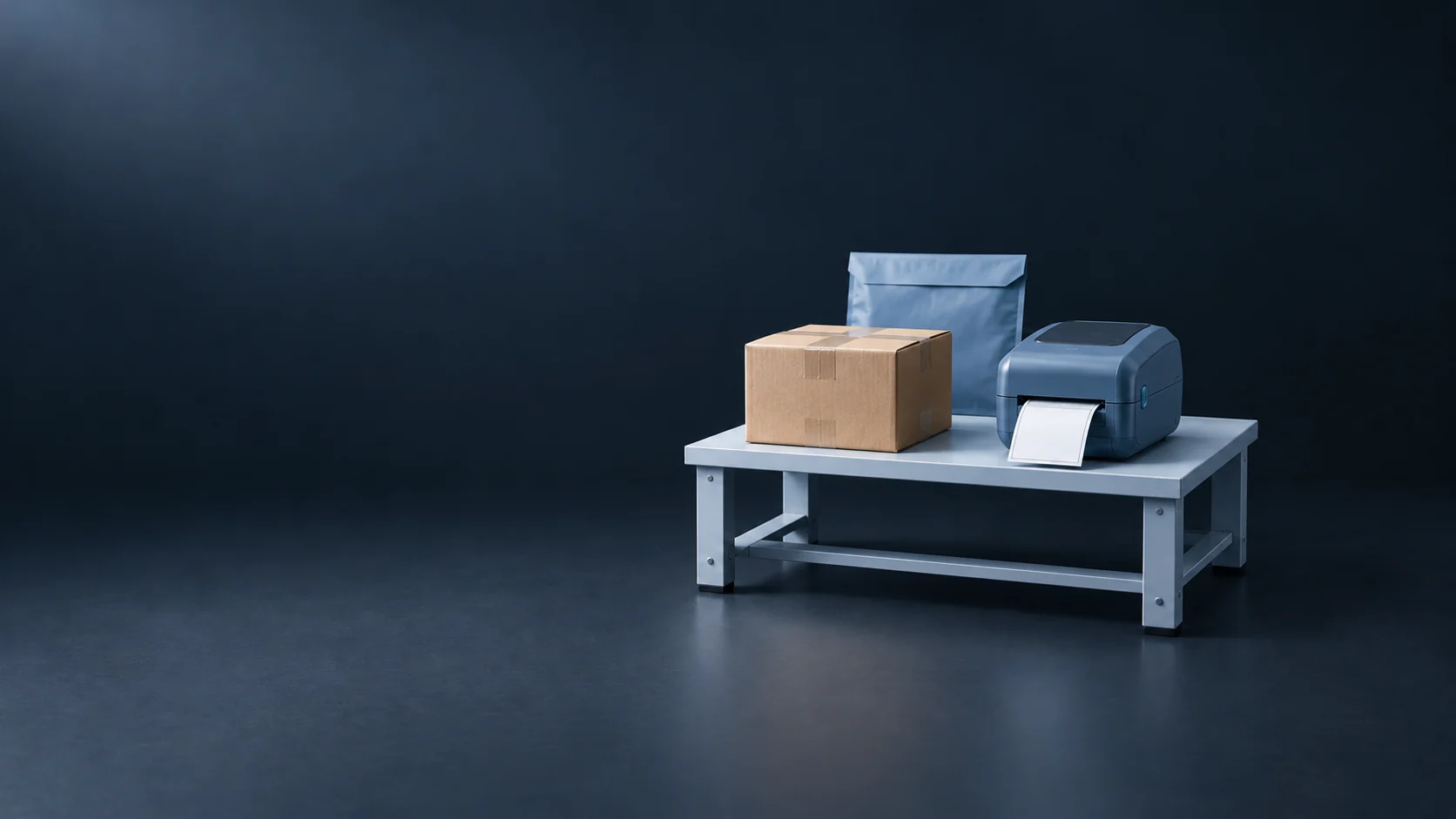 A compact packing bench with a closed carton, blank-label printer and blue mailer.