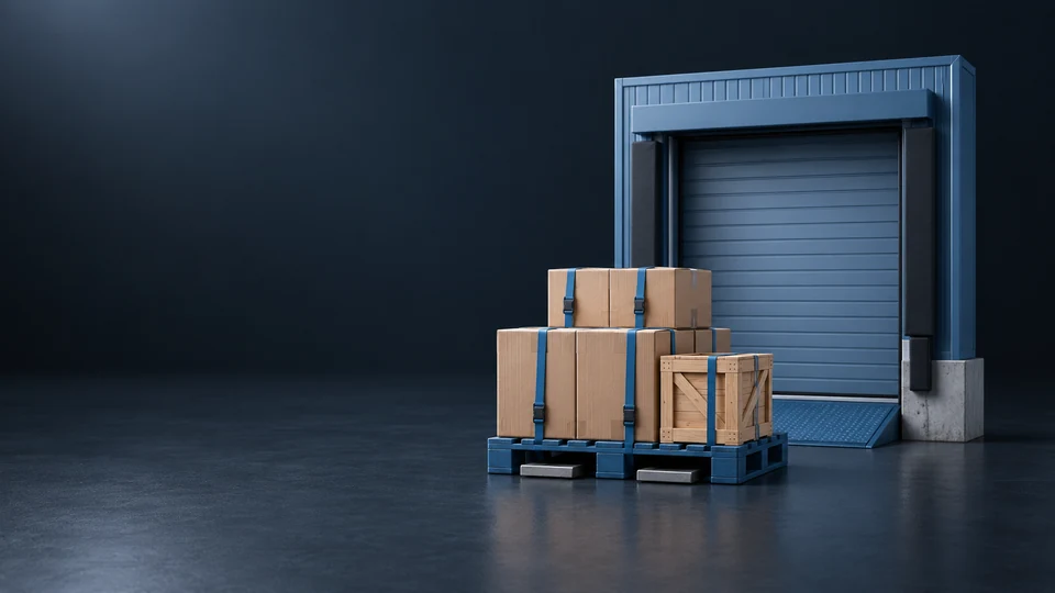 A strapped pallet of cartons and a wooden crate in front of a blue loading dock.