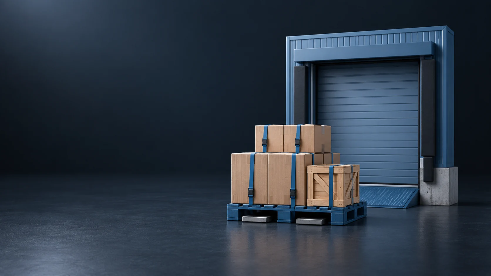 A strapped pallet of cartons and a wooden crate in front of a blue loading dock.
