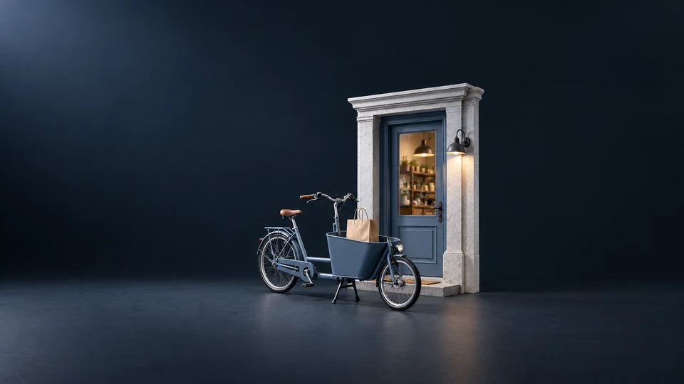 A cargo bicycle carrying a plain shop bag beside a complete shop doorway.