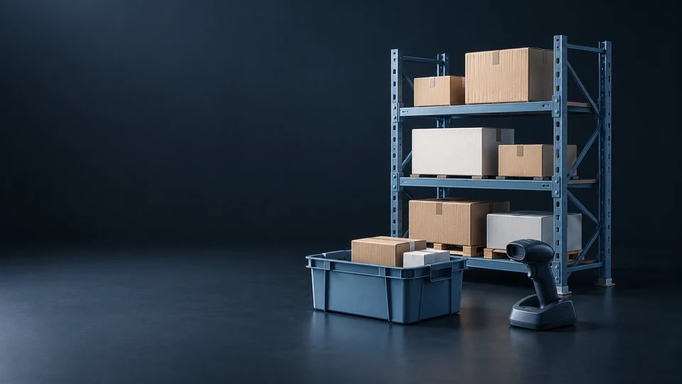 A warehouse rack of unmarked cartons with a receiving tote and scanner on a cradle.