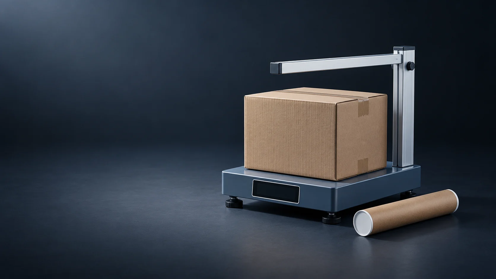 A closed carton on an unmarked parcel scale beneath a plain measuring arm, with a mailing tube.