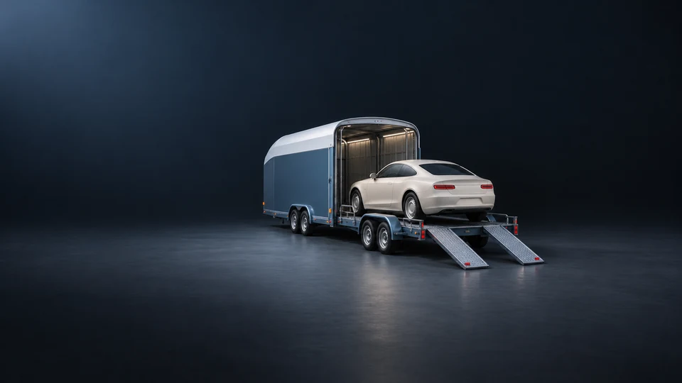 A fictional unbranded coupe on a vehicle transporter with complete ramps and an enclosed shell.