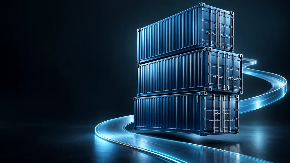 Three blue shipping containers above a curved silver road ribbon on a dark blue background.