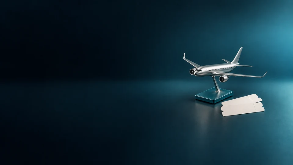 Silver aircraft desk model beside blank perforated itinerary cards.