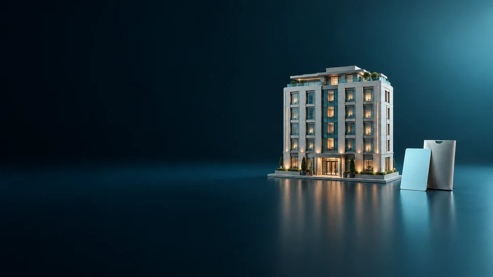 Architectural hotel model with teal glazing beside a blank keycard.
