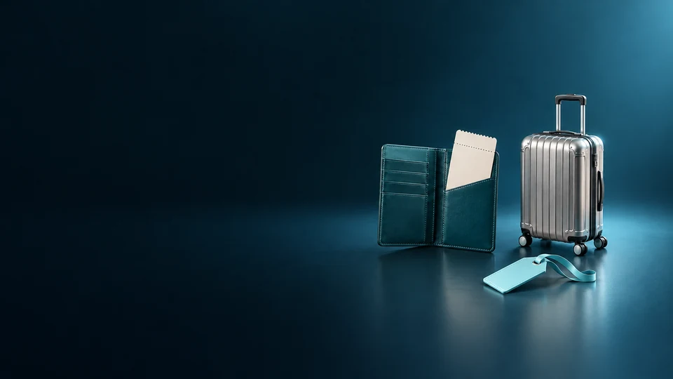 Travel-document wallet, blank voucher and a small silver suitcase.