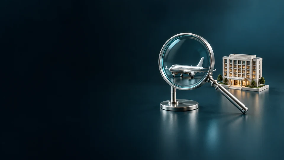 Magnifying glass with separate miniature aircraft and hotel objects.