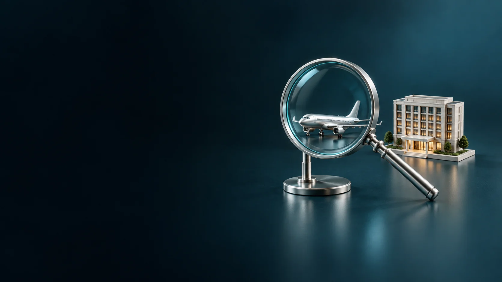 Magnifying glass with separate miniature aircraft and hotel objects.