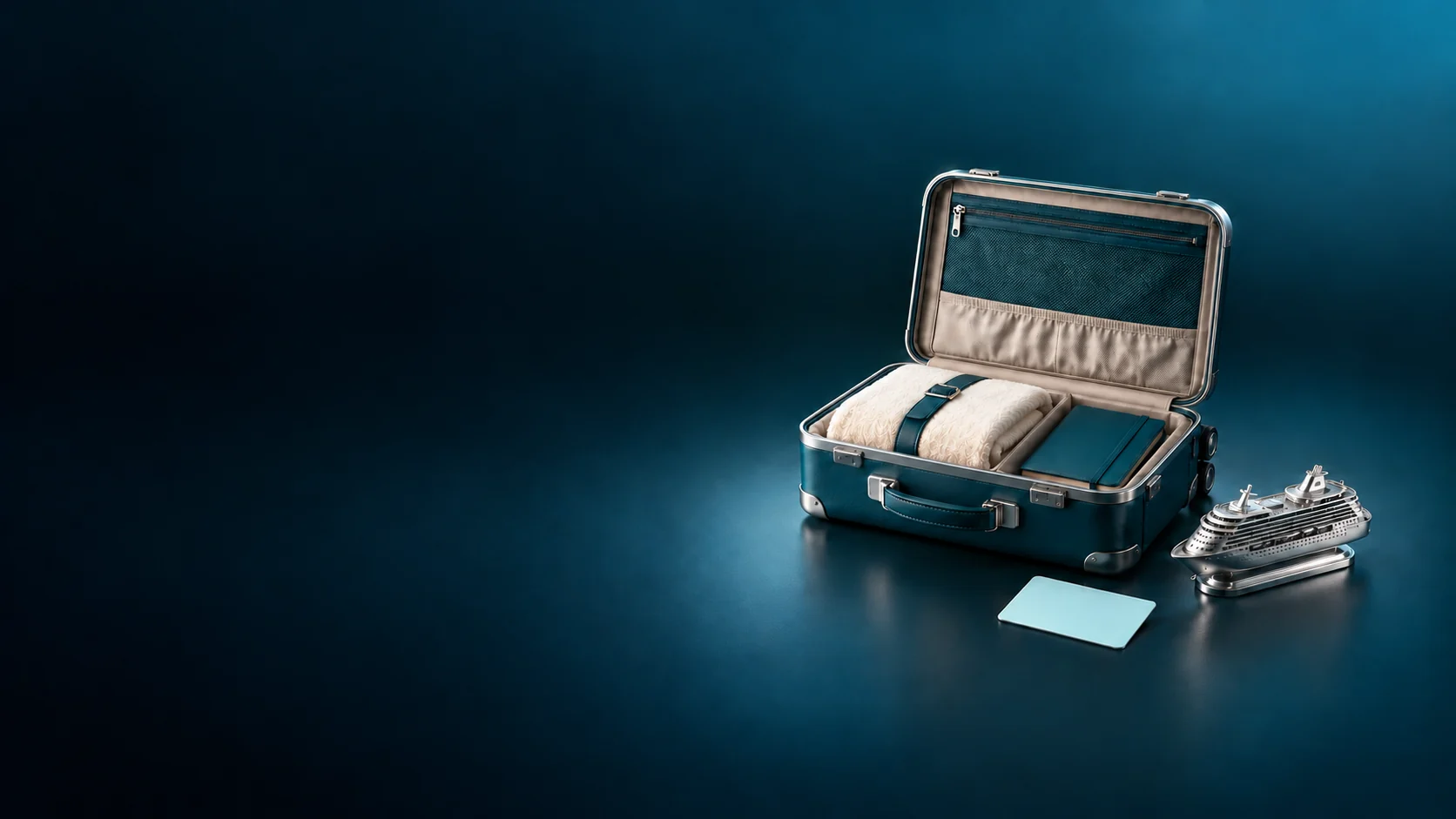 Open teal suitcase with towel and notebook beside a small cruise-ship model.