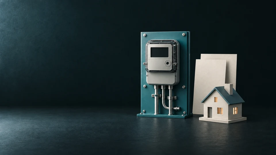 An unmarked electricity meter on a teal service panel beside two blank tariff folios and a miniature house.