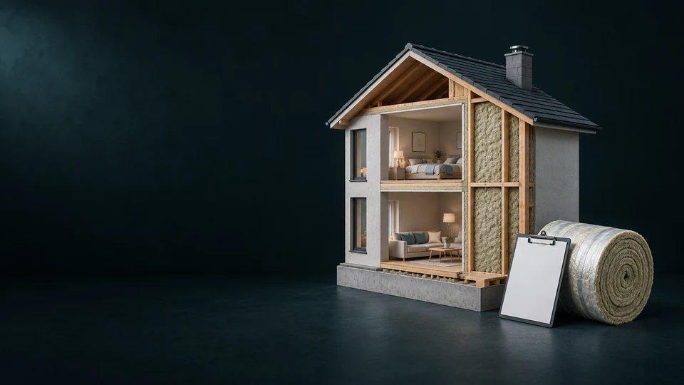 A residential cutaway with exposed wall insulation, a separate insulation roll and blank assessment clipboard.