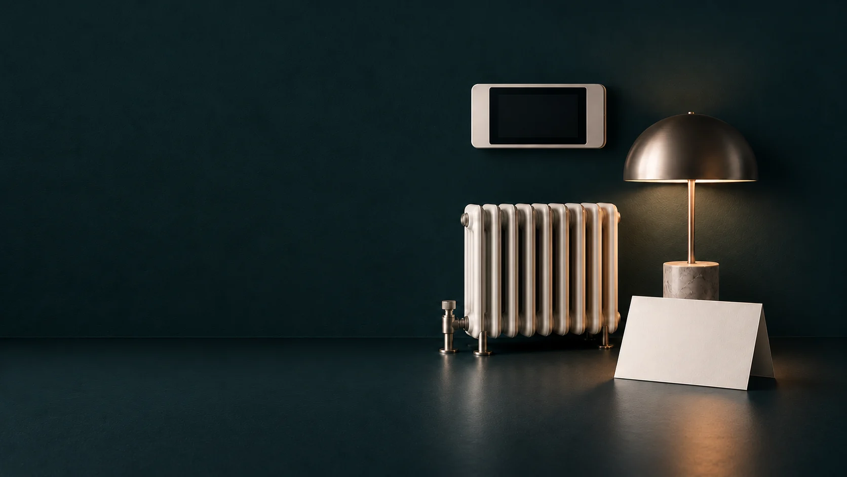 A blank wall thermostat above a radiator beside a lamp and plain enrollment card.