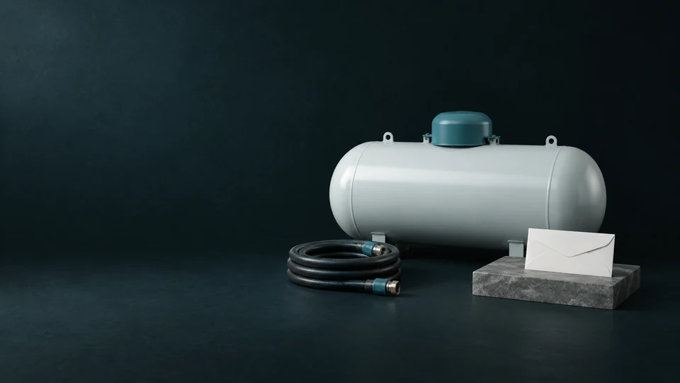 A domestic propane tank beside a coiled delivery hose and blank request envelope.