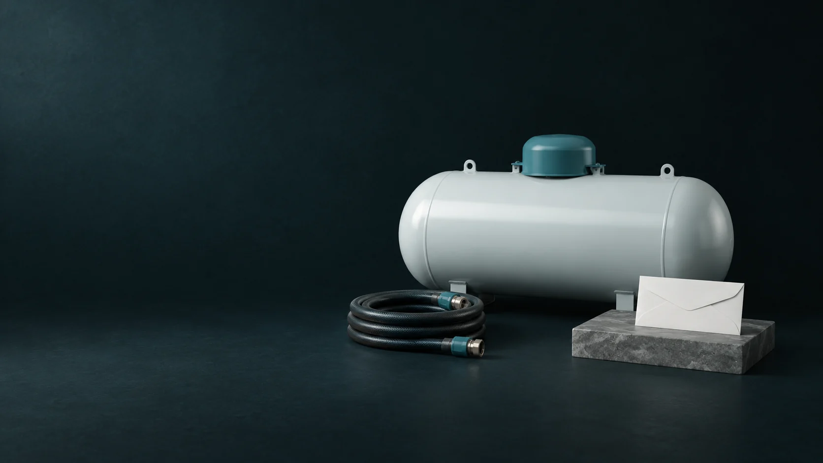 A domestic propane tank beside a coiled delivery hose and blank request envelope.