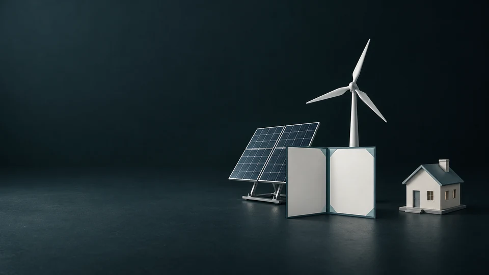 A wind turbine and solar array beside a blank plan folio and physically separate house model.