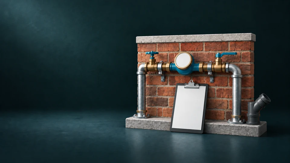 A blank water meter and inlet pipes against a short property wall, with a separate wastewater branch and blank survey clipboard.