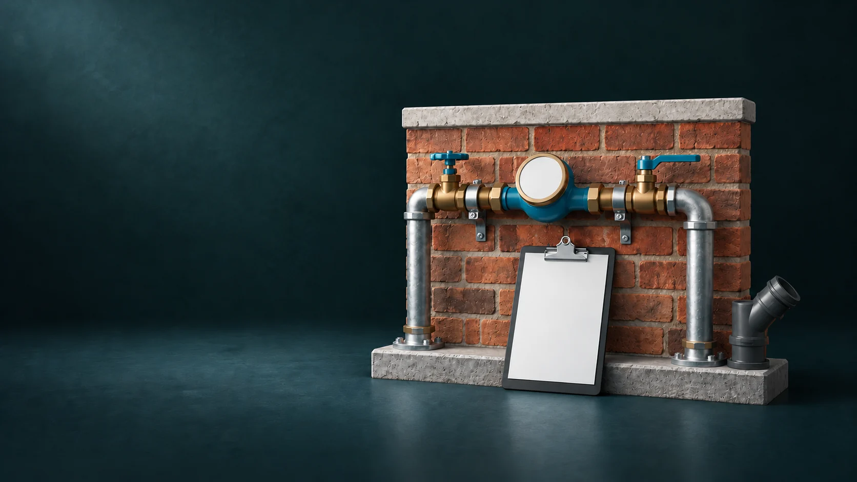 A blank water meter and inlet pipes against a short property wall, with a separate wastewater branch and blank survey clipboard.