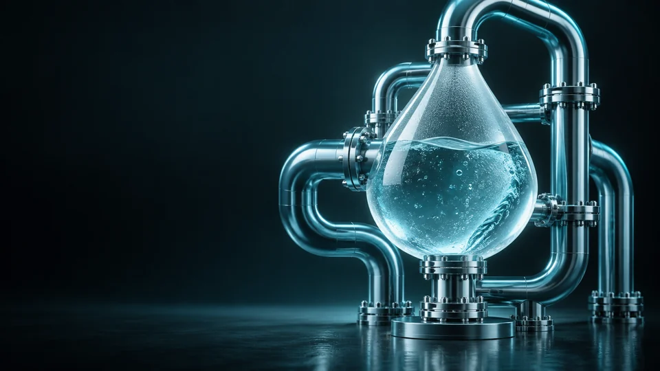 A clear water droplet within a cyan and chrome pipe assembly on a dark teal background.