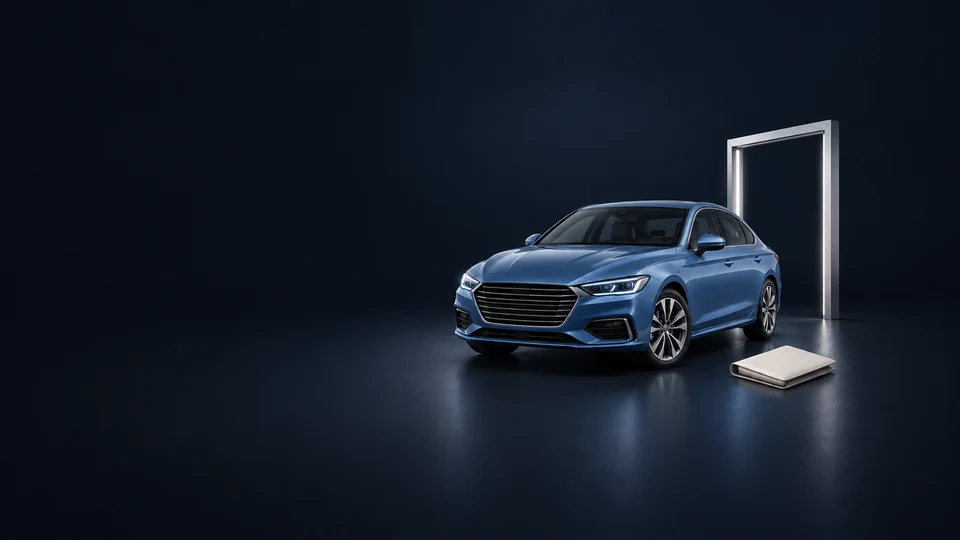 A blue sedan with a closed folio and a freestanding showroom doorway.