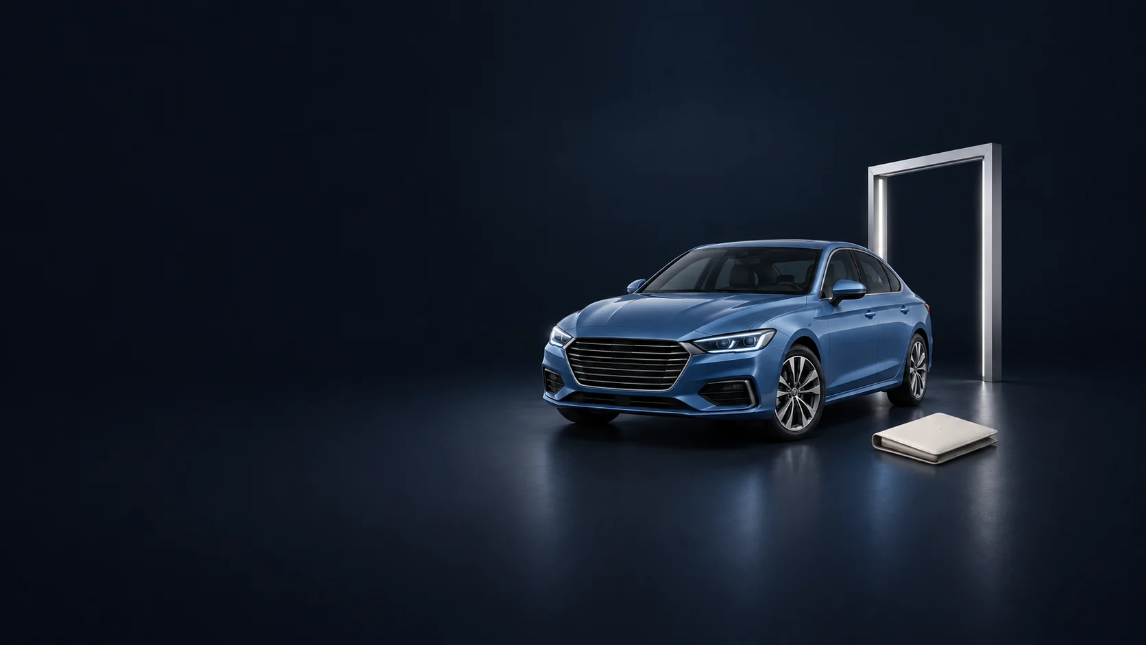 A blue sedan with a closed folio and a freestanding showroom doorway.