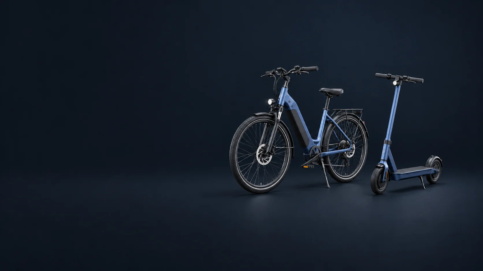 An electric bicycle with pedals and a standing electric kick scooter.