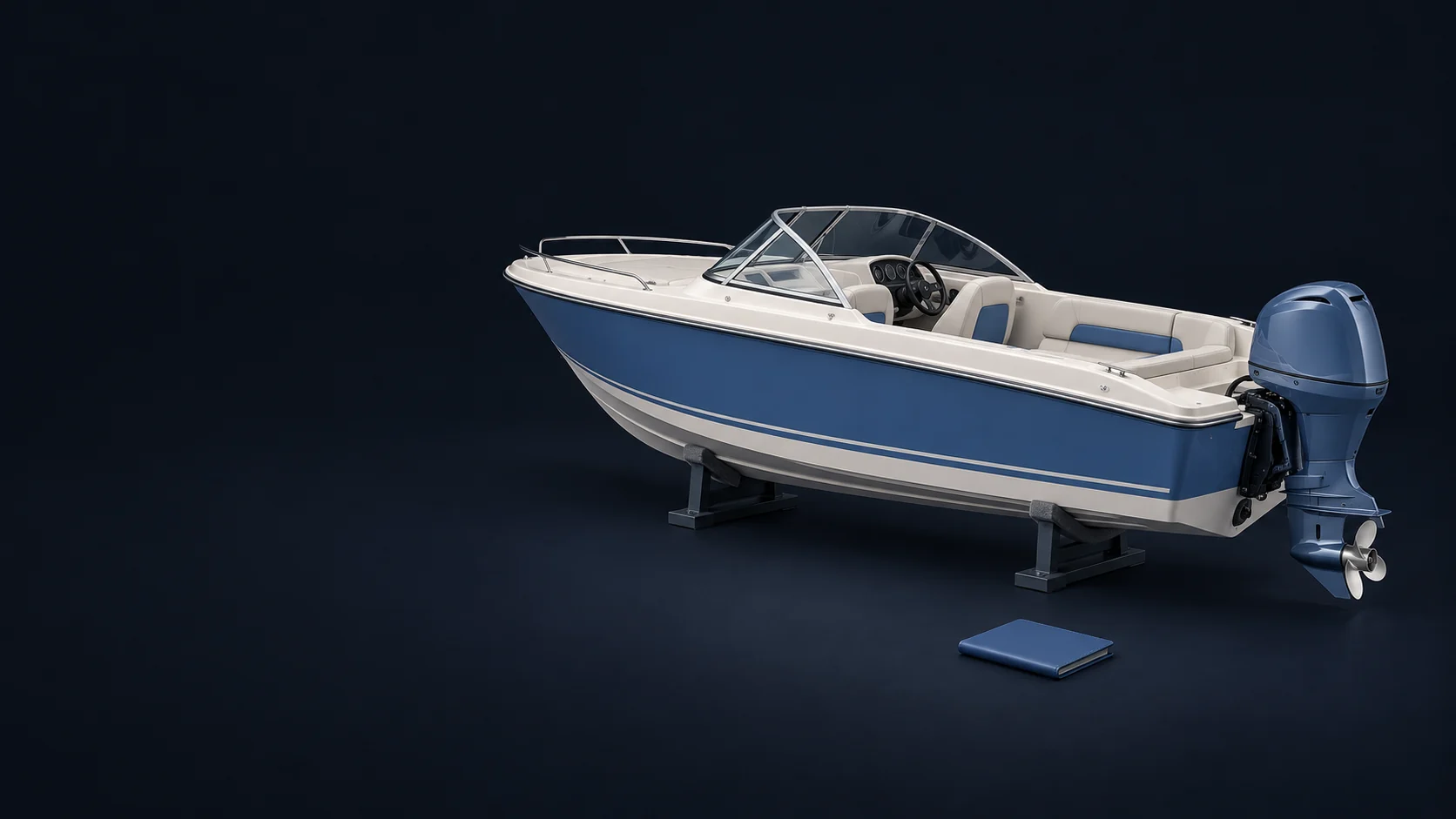 A blue-and-ivory runabout with an outboard motor on dry display saddles and a plain folio.