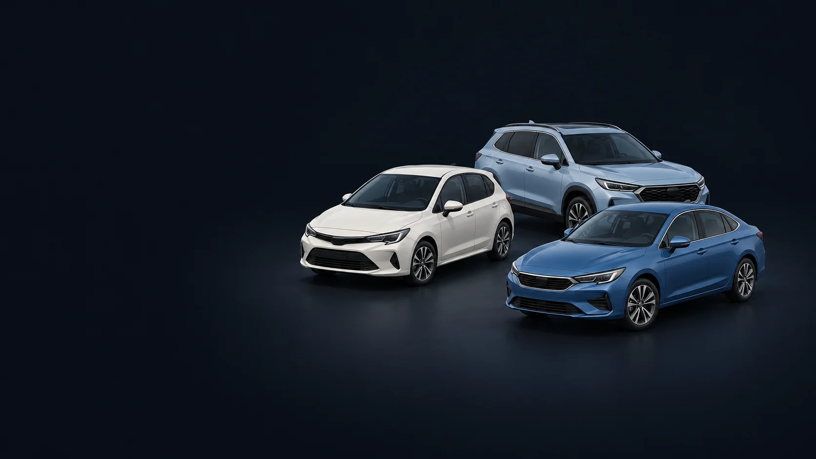 An ivory hatchback, pale-blue SUV and blue sedan grouped on a dark studio floor.