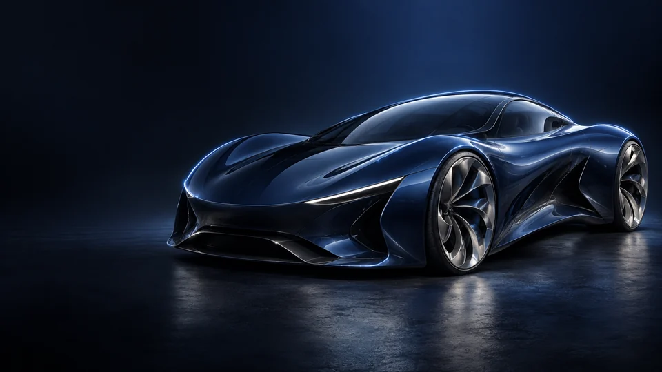 A sculpted dark blue sports car with silver wheels on a reflective dark floor.