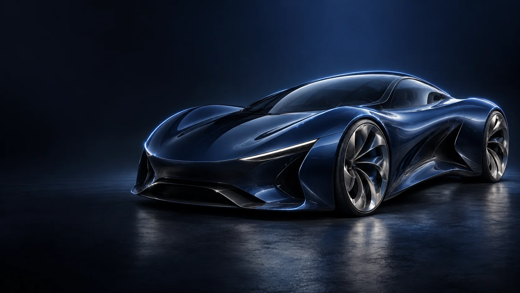 A sculpted dark blue sports car with silver wheels on a reflective dark floor.