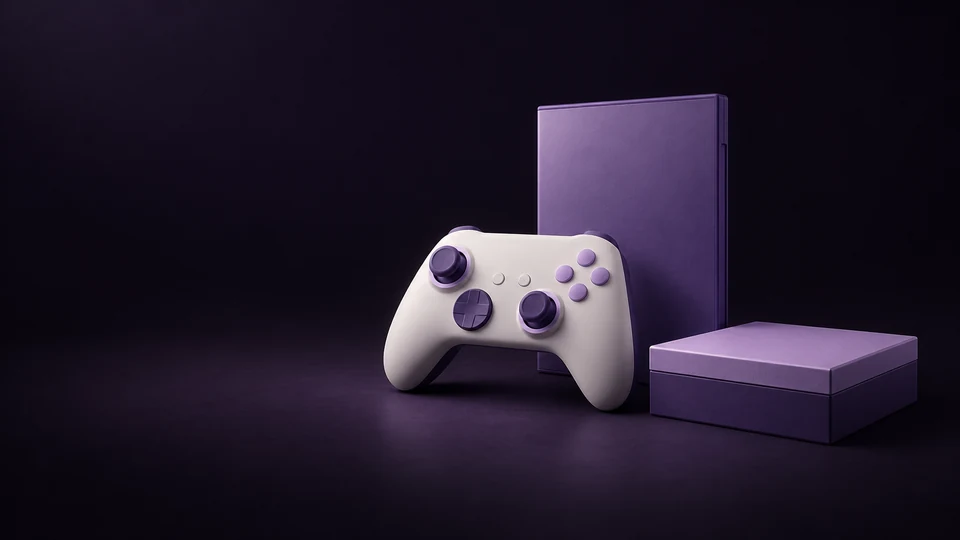An unbranded console controller beside a blank game sleeve and closed preorder box.