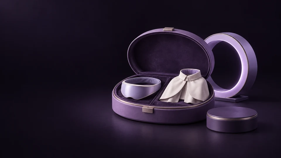 An open cosmetic-content chest with an original visor and cape beside a ring and platform dock.