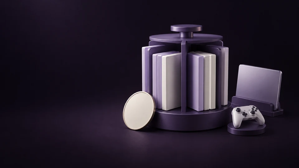 A rotating library of blank game sleeves beside a medallion and separate device docks.