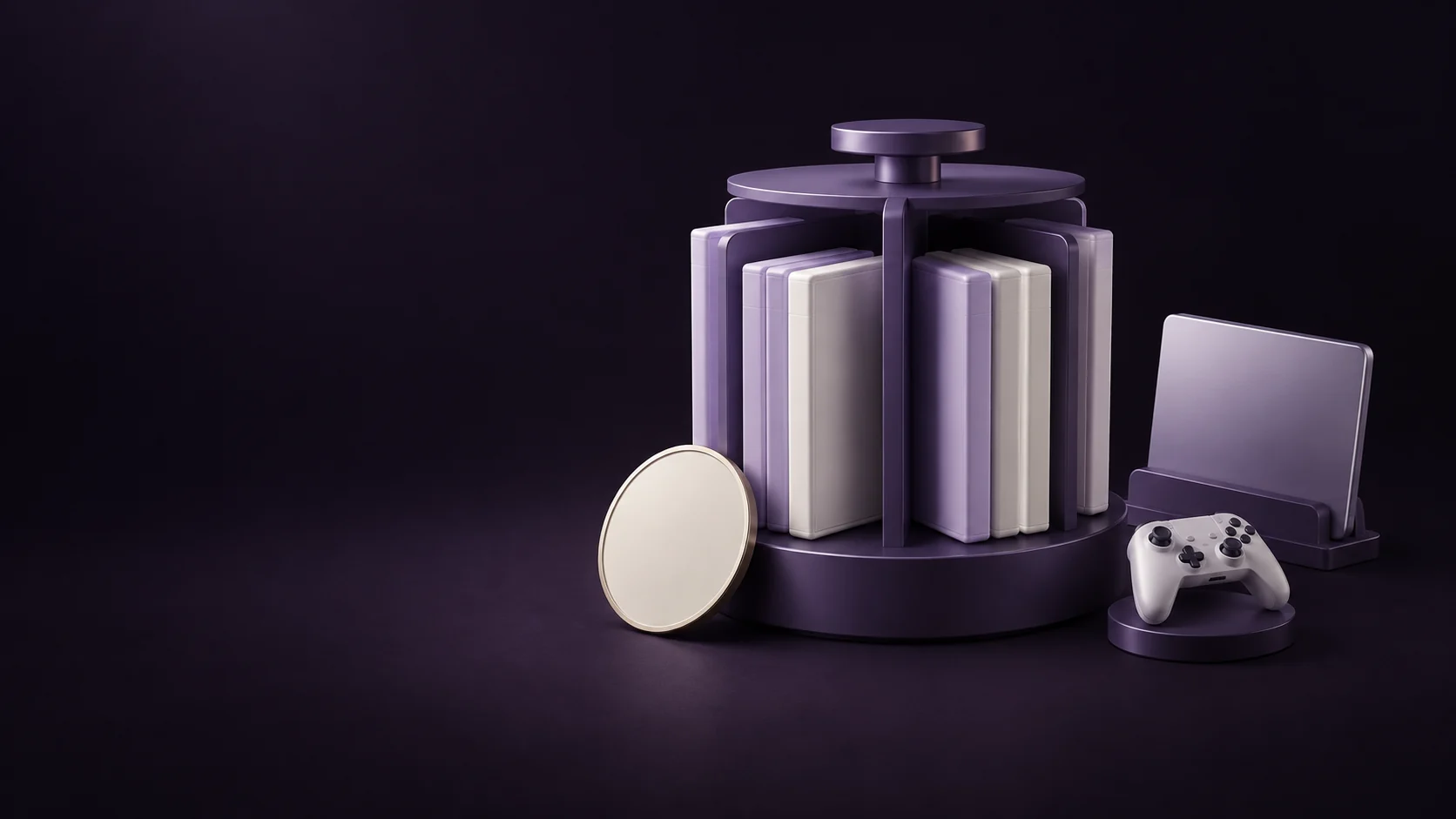 A rotating library of blank game sleeves beside a medallion and separate device docks.