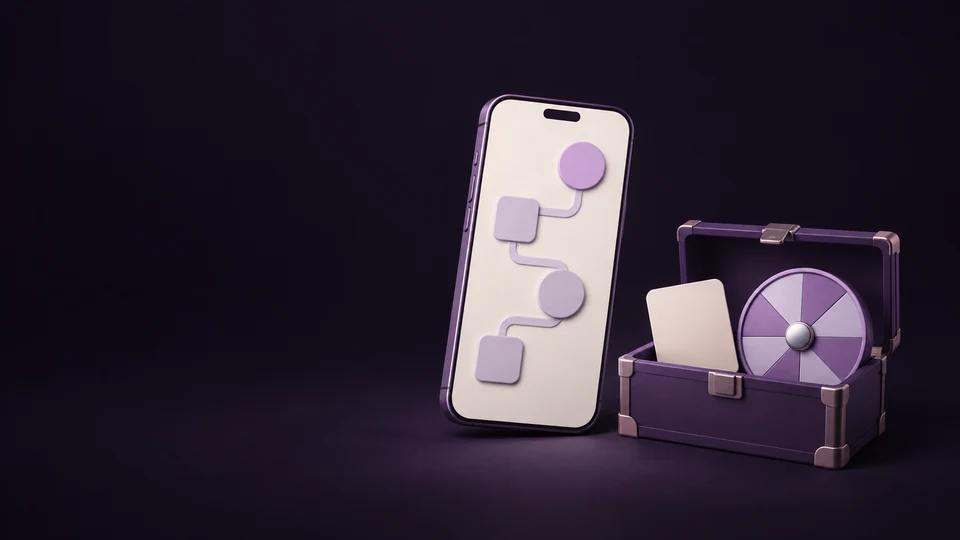 A phone with an abstract progression path beside an inventory chest and season wheel.