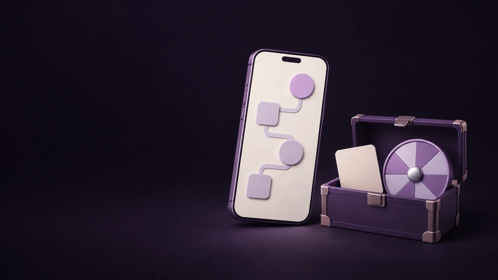 A phone with an abstract progression path beside an inventory chest and season wheel.