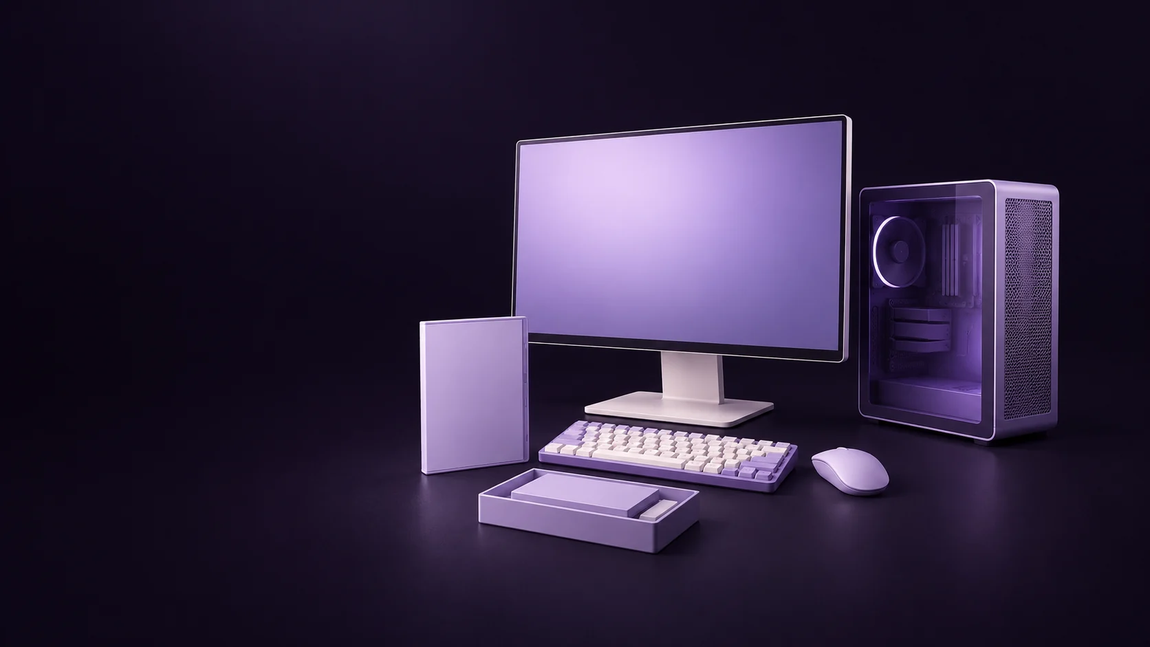 A blank desktop computer setup with keyboard, computer mouse, game sleeve and bundle tray.