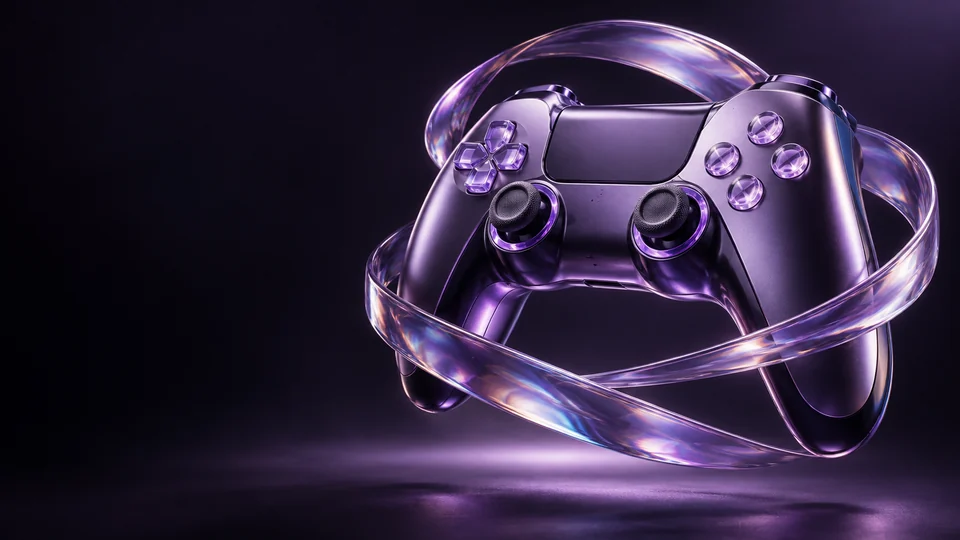 A violet game controller encircled by translucent iridescent ribbons above a dark surface.