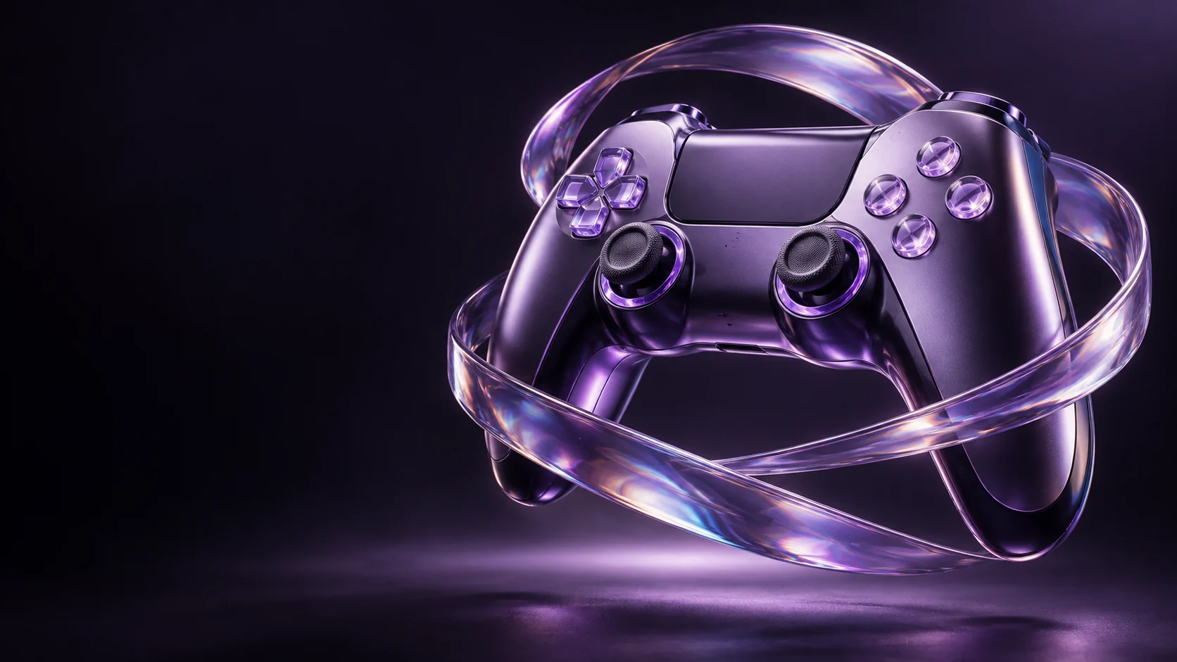 A violet game controller encircled by translucent iridescent ribbons above a dark surface.